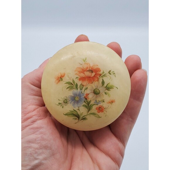 Vintage Firenze Alabaster Round Hinged Trinket Dish Floral Made in ITALY - Picture 9 of 12